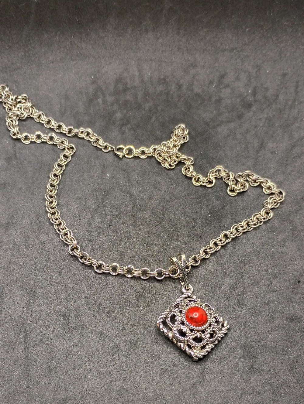 Sarah Coventry Silver-Tone Filigree Necklace with Red Center Stone